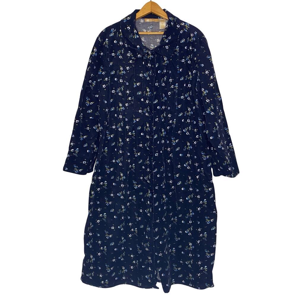 LA Cera Cotton Buttondown Blue Corduroy Floral Dress Cottagecore Grandmacore XL